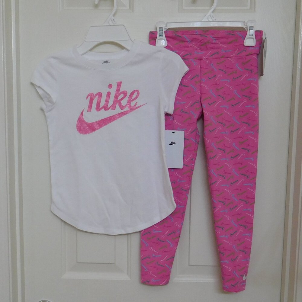 NWT 2pc Nike White Sparkly Pink Logo Top & Swoosh Print Leggings sz 6x